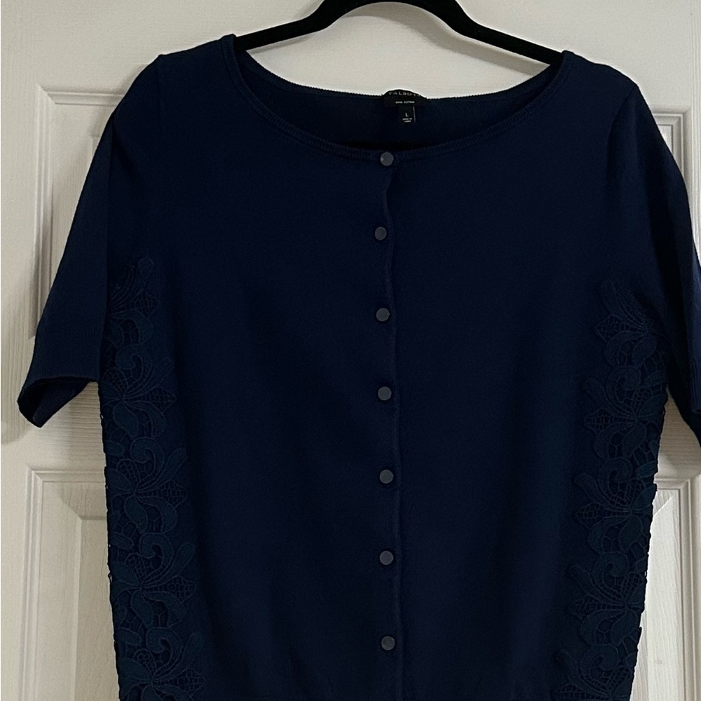Talbots Cardigan Top Lace Trim Short Sleeve Button Down Navy Blue Size L